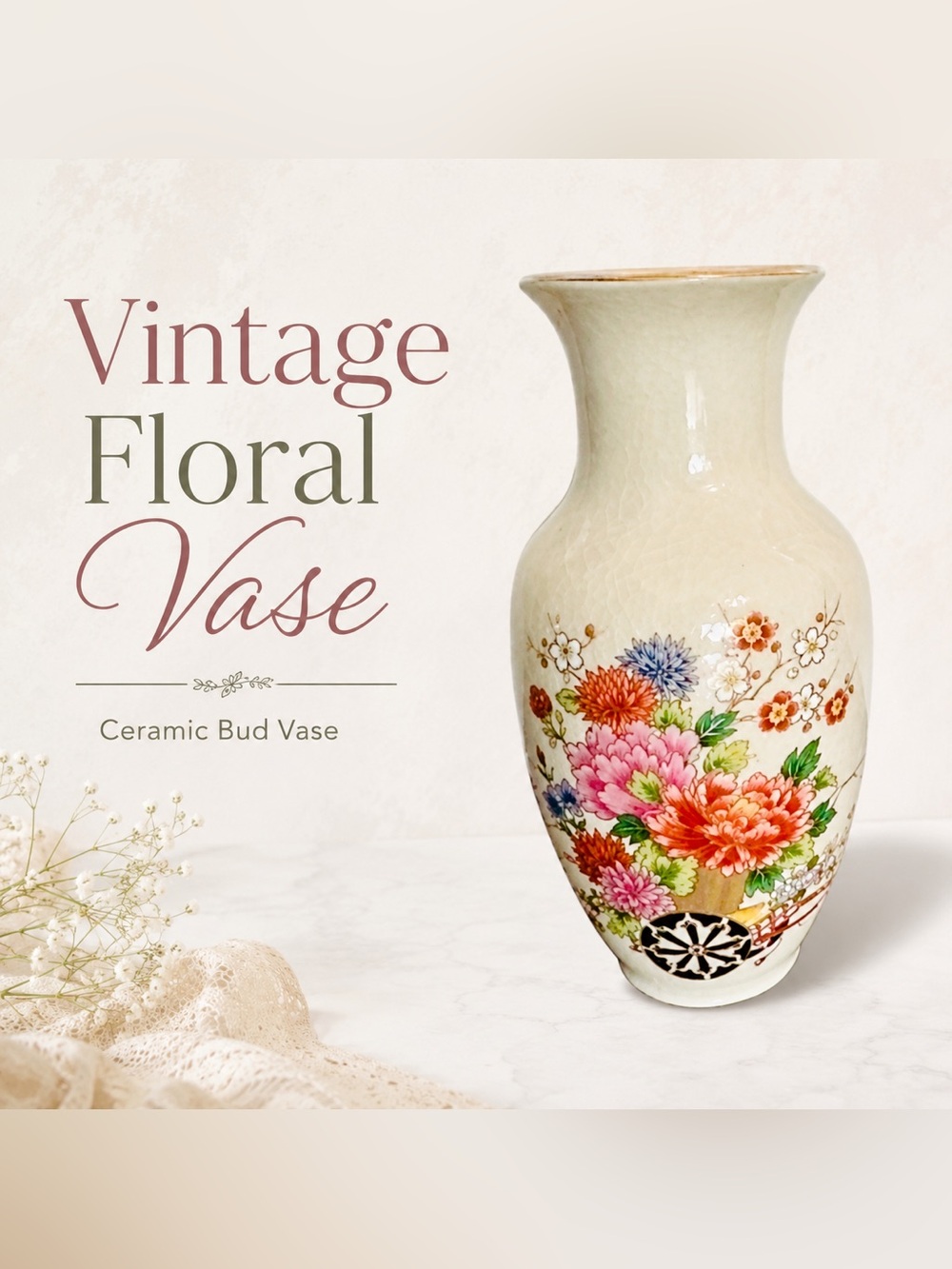 Chinoiserie Vase Japanese Flowers Glazed Stamped 6 Inches Vintage